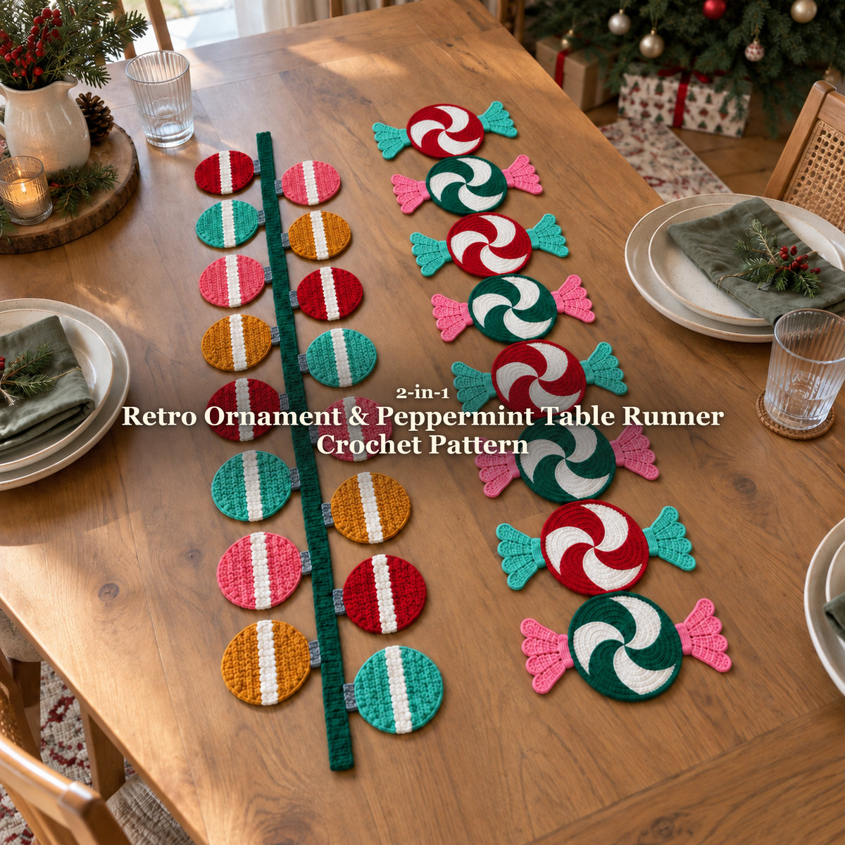 Two Christmas crochet table runners side by side on a wooden dining table with plates, linen napkins and a Christmas tree, with the product title across the centre.