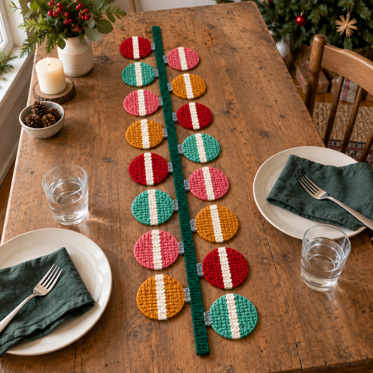 Red, pink, mint and mustard striped crochet baubles joined to an evergreen spine along a wooden table set with plates and green linen napkins.