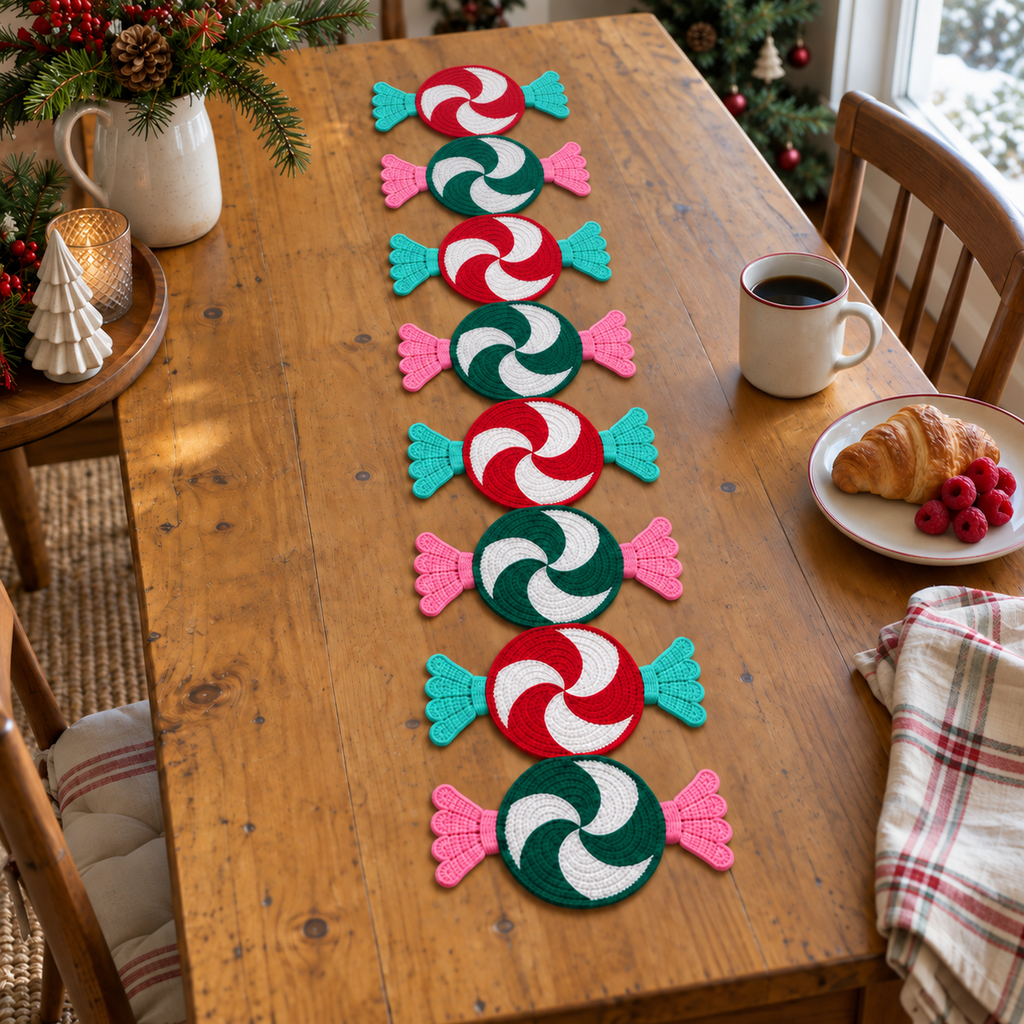 A crochet runner of alternating red-and-white and green-and-white peppermint candies with mint and pink wrapper ends beside a coffee mug and breakfast plate.