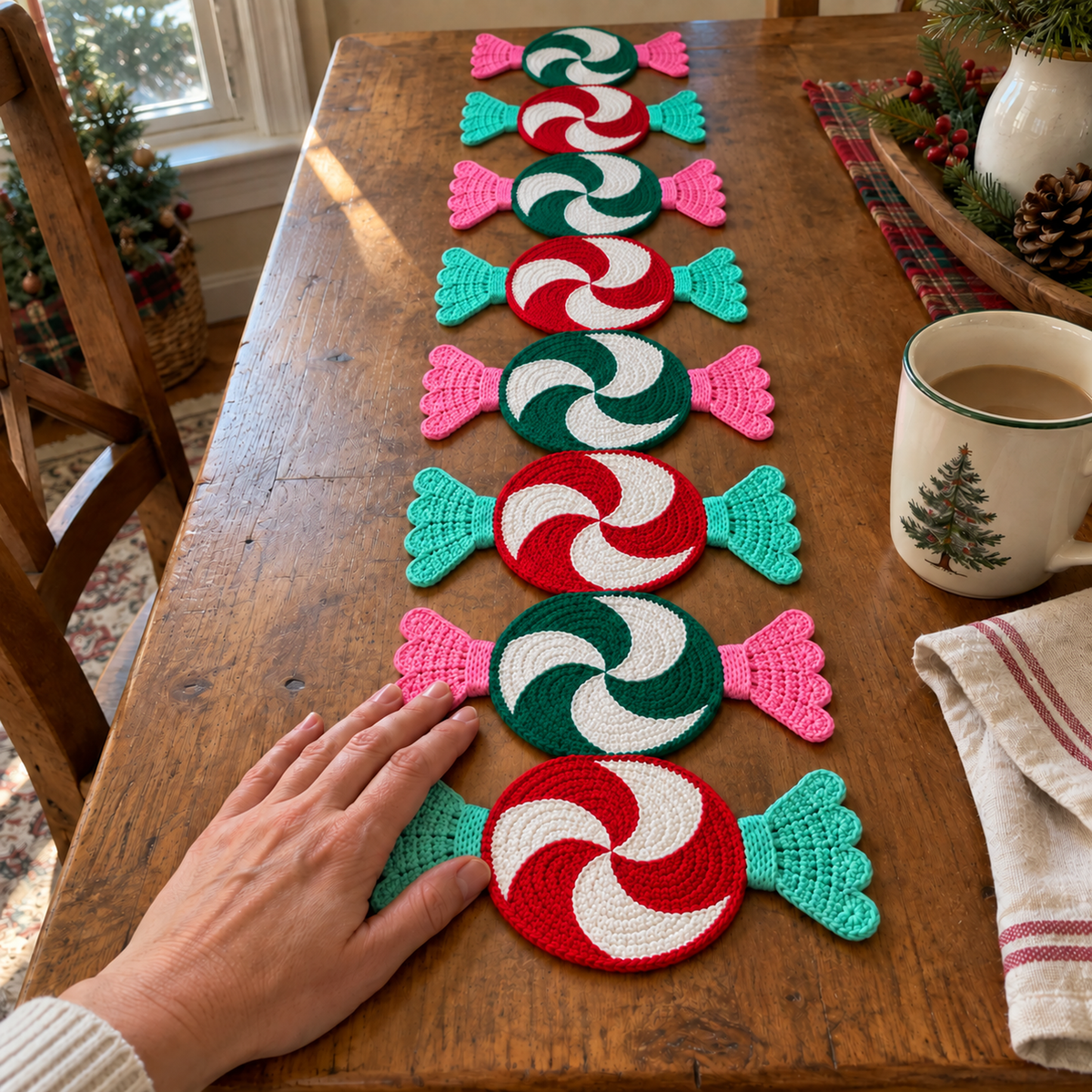 An adult hand touches the near end of a peppermint candy crochet runner on a wooden table beside a Christmas mug and linen napkin.
