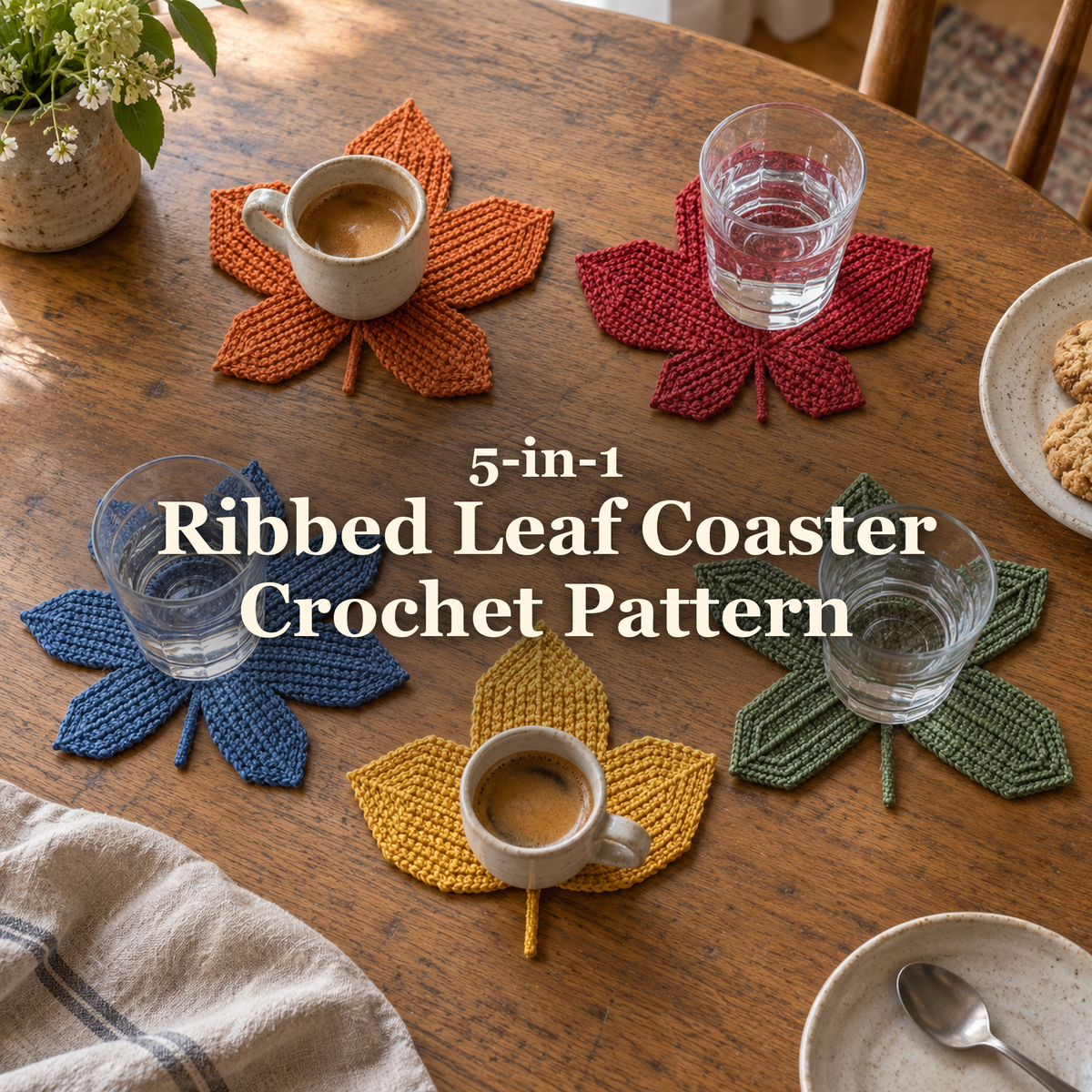 Five ribbed crochet leaf coasters in pumpkin orange, maple red, denim blue, sage green and mustard gold holding coffee cups and water glasses on a wooden dining table, with the title 5-in-1 Ribbed Leaf Coaster Crochet Pattern.