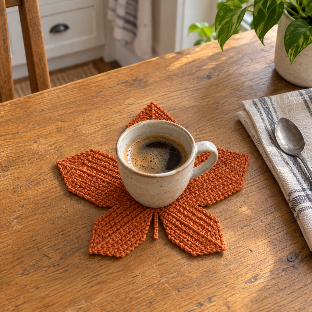 A pumpkin-orange Sugar Maple crochet coaster under a stoneware coffee cup on a worn wooden kitchen table beside a striped napkin and spoon.