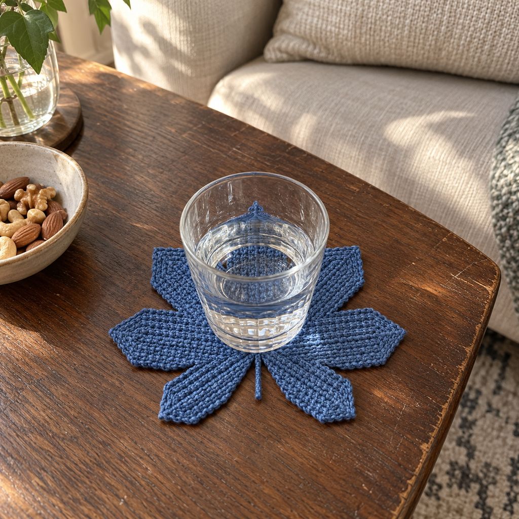 A denim-blue seven-lobed Japanese Maple crochet coaster under a water glass on a wooden coffee table beside a bowl of nuts and a sofa.