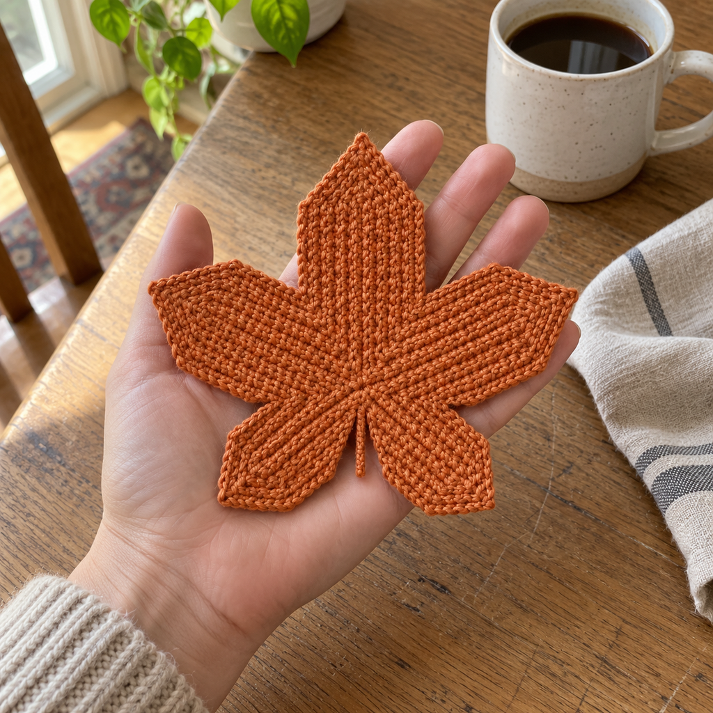 An adult open hand holding a finished pumpkin-orange Sugar Maple crochet coaster above a wooden kitchen table beside a coffee mug.