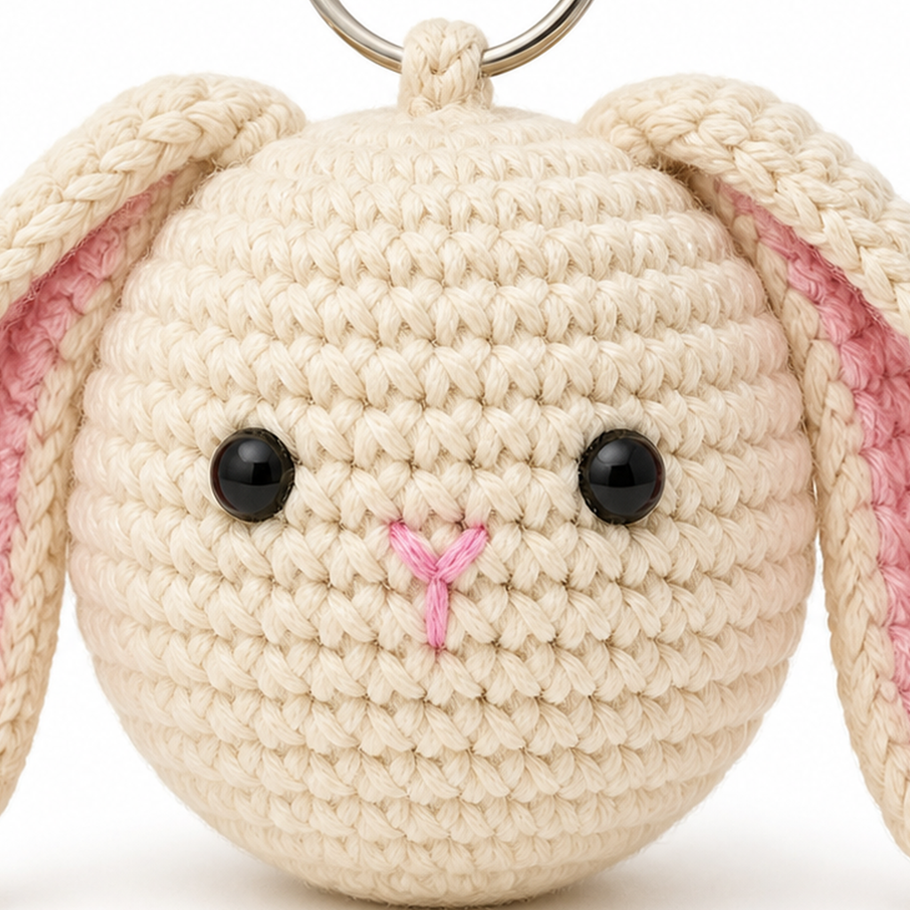 Close-up of the crochet stitches on the Bunny charm
