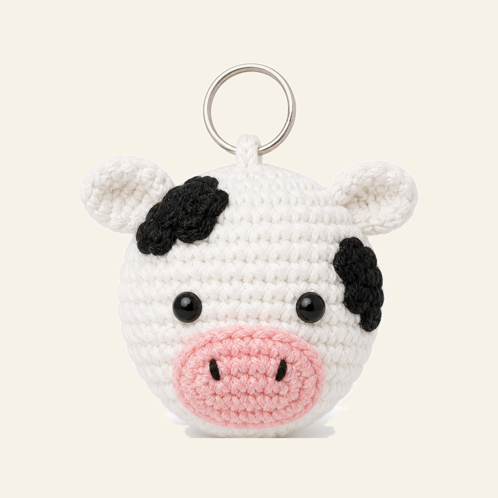 The finished crochet Cow bag charm on its own