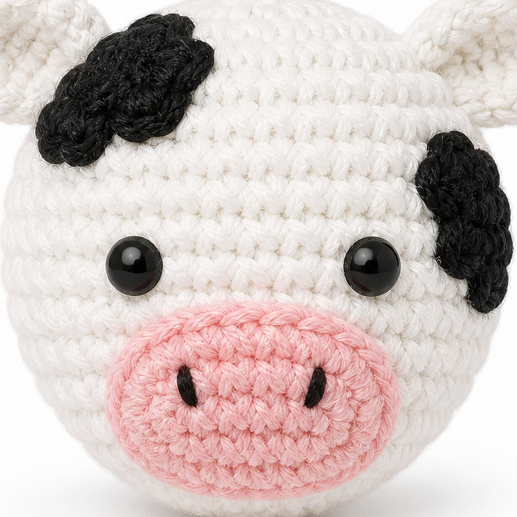 Close-up of the crochet stitches on the Cow charm