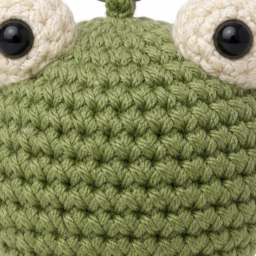 Close-up of the crochet stitches on the Frog charm