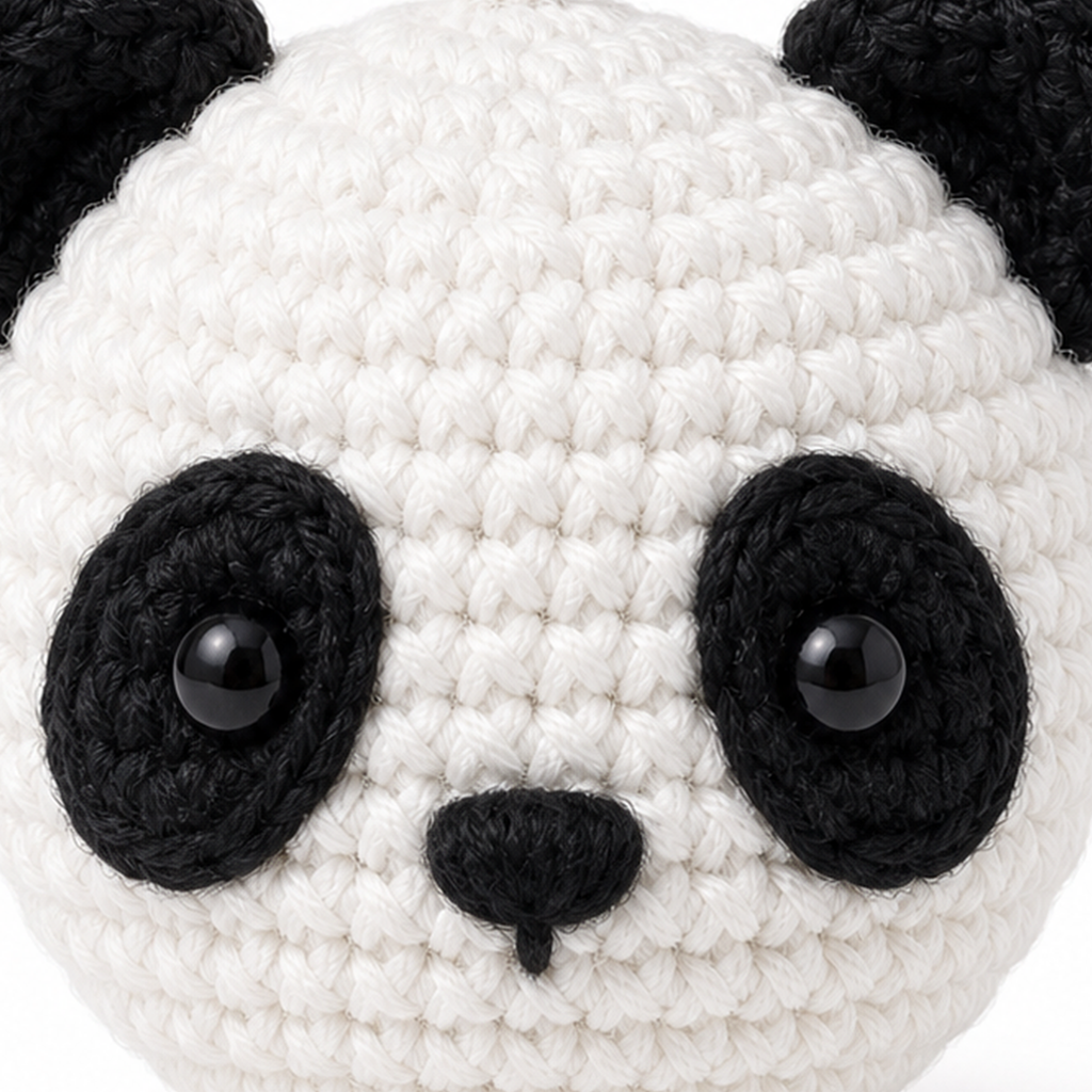 Close-up of the crochet stitches on the Panda charm