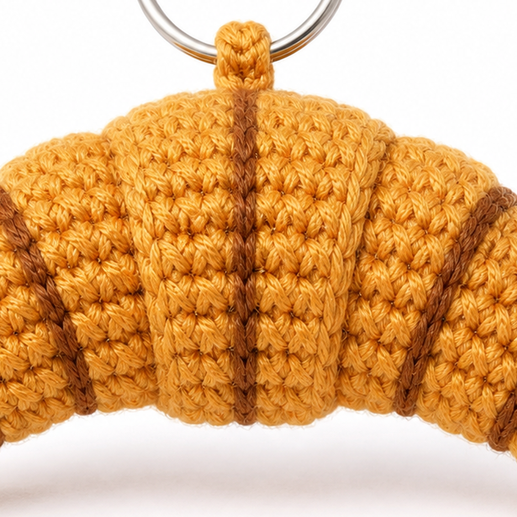 Close-up of the crochet stitches on the Croissant charm