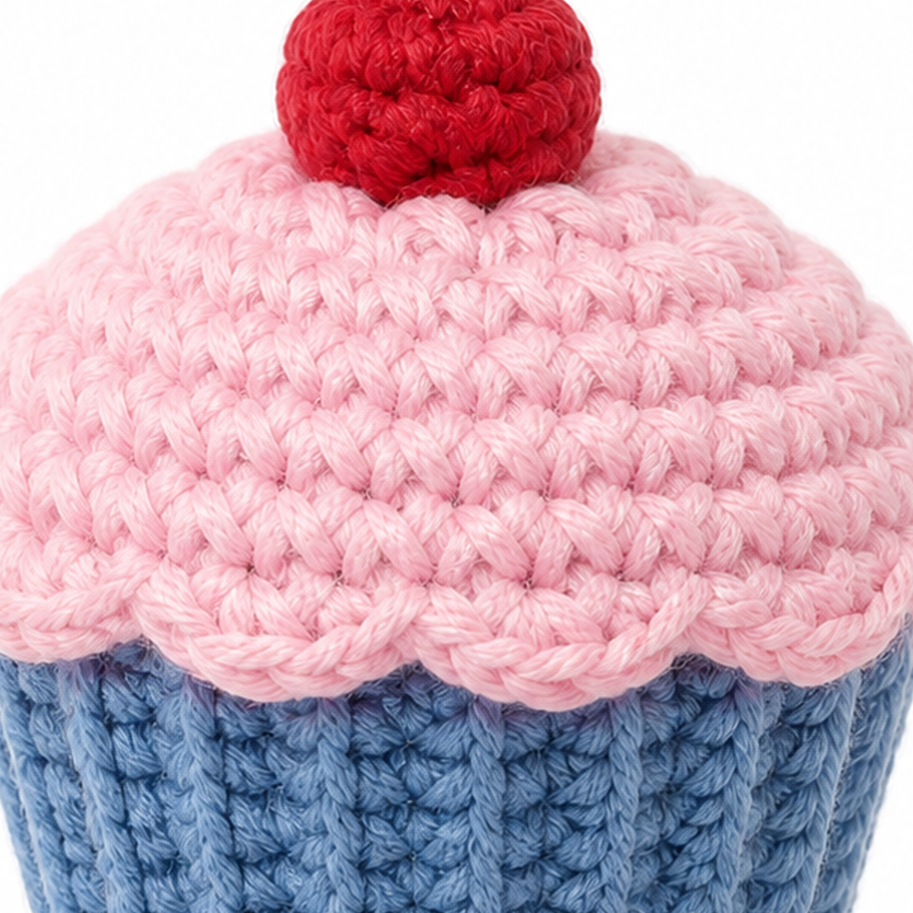 Close-up of the crochet stitches on the Cupcake charm