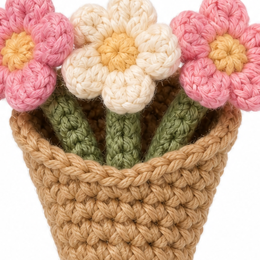 Close-up of the crochet stitches on the Mini Bouquet keychain