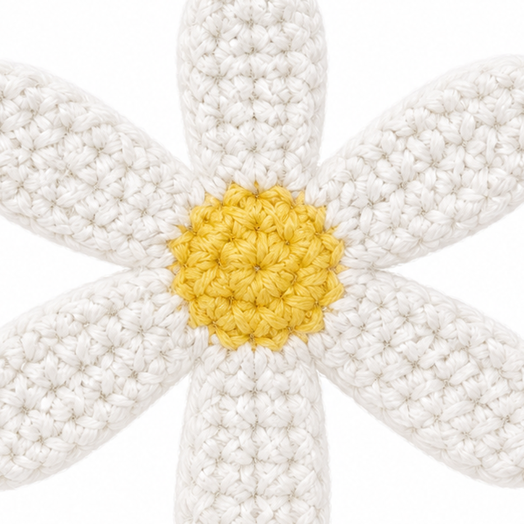 Close-up of the crochet stitches on the Daisy keychain
