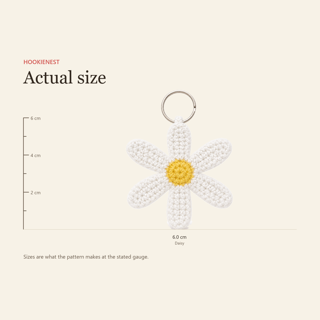 The Daisy keychain beside a centimetre ruler, finishing at 6.0 cm