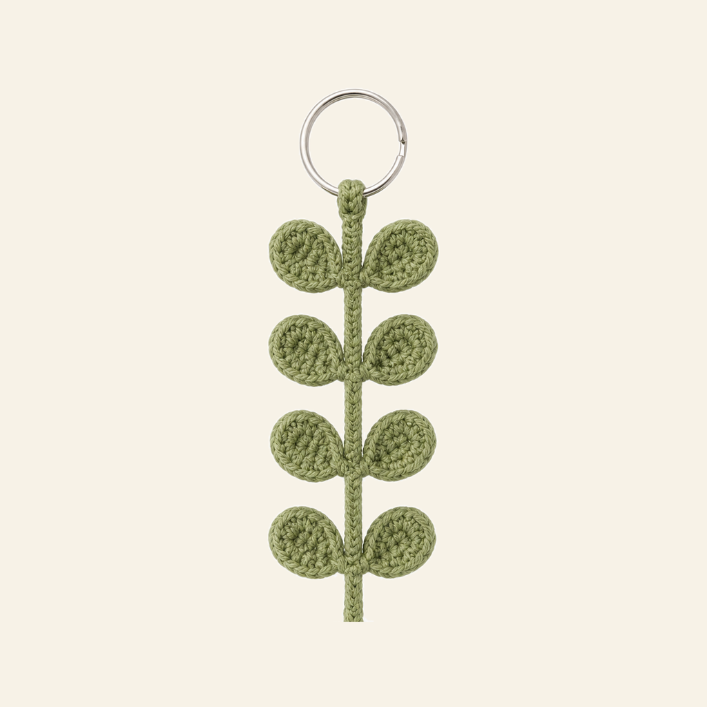 The finished crochet Eucalyptus Stem keychain on its own