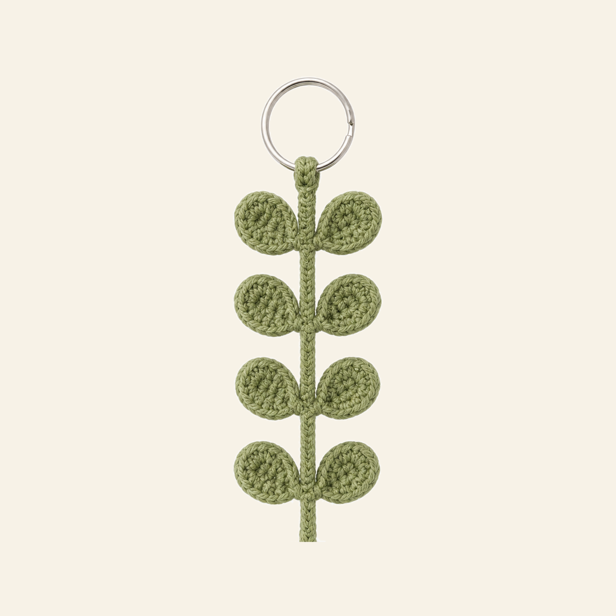 The finished crochet Eucalyptus Stem keychain on its own