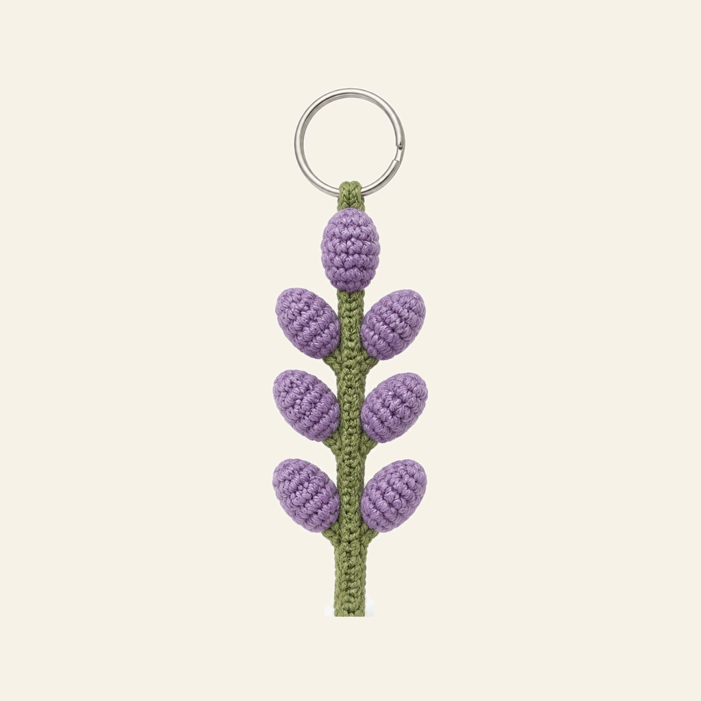 The finished crochet Lavender Sprig keychain on its own