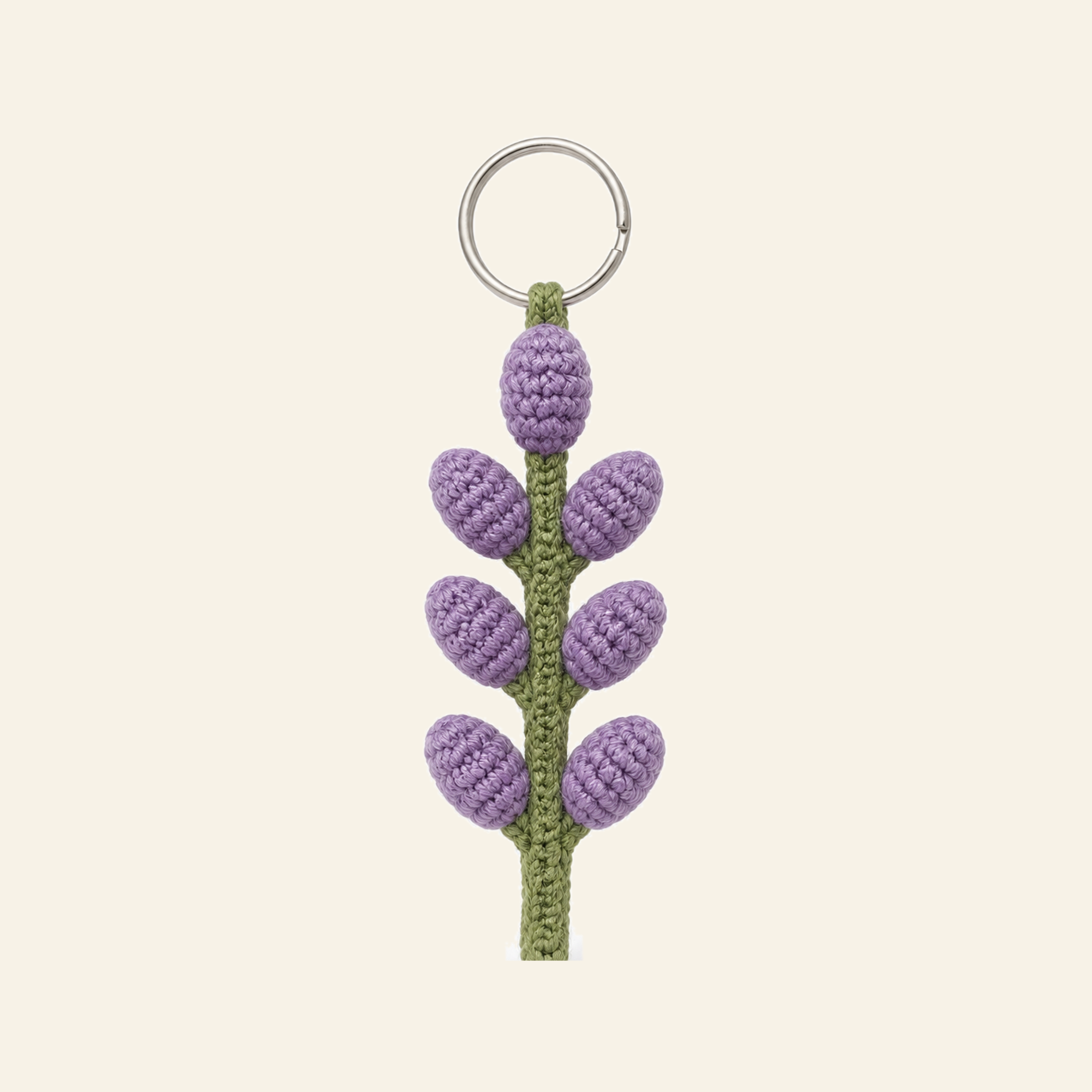 The finished crochet Lavender Sprig keychain on its own