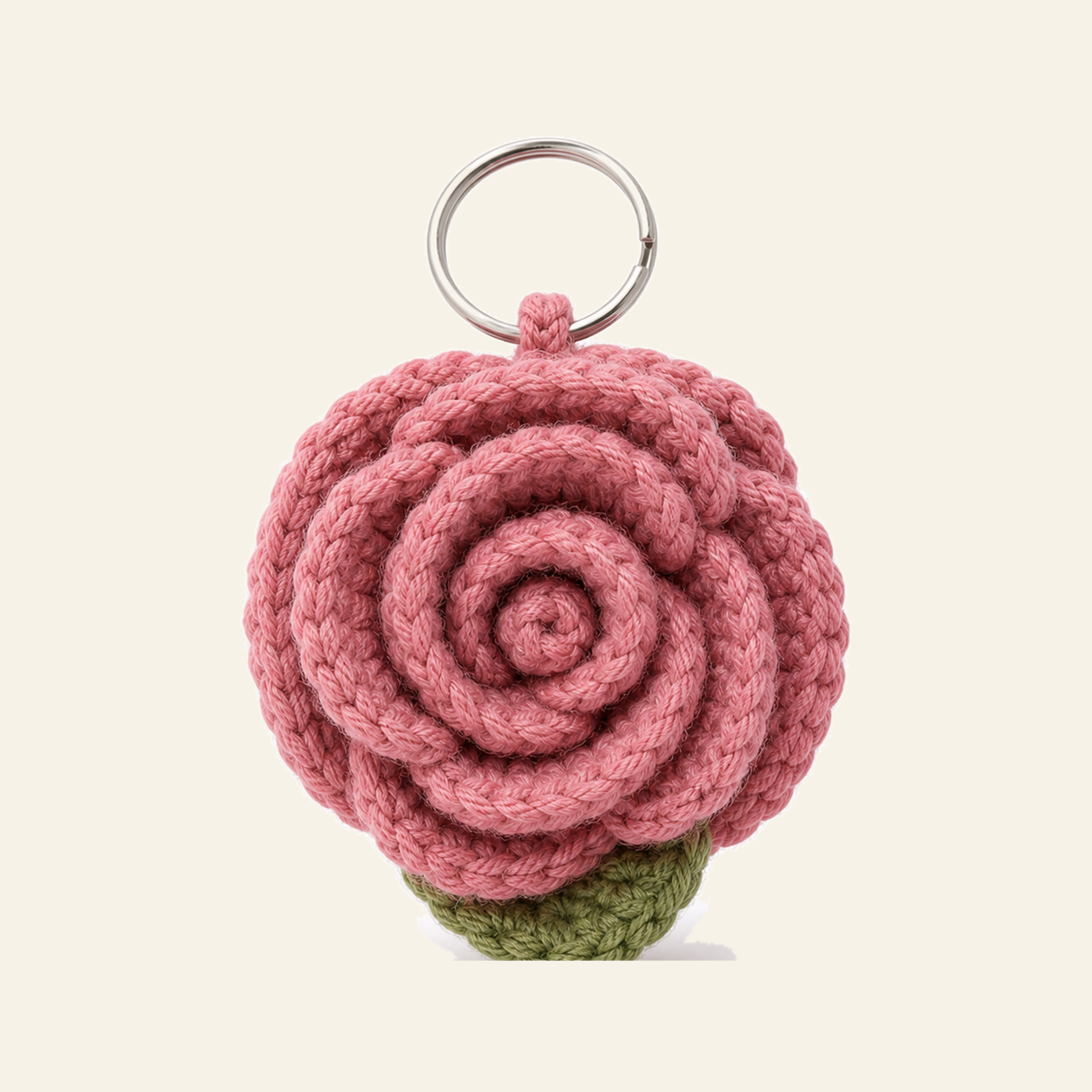The finished crochet Rose keychain on its own