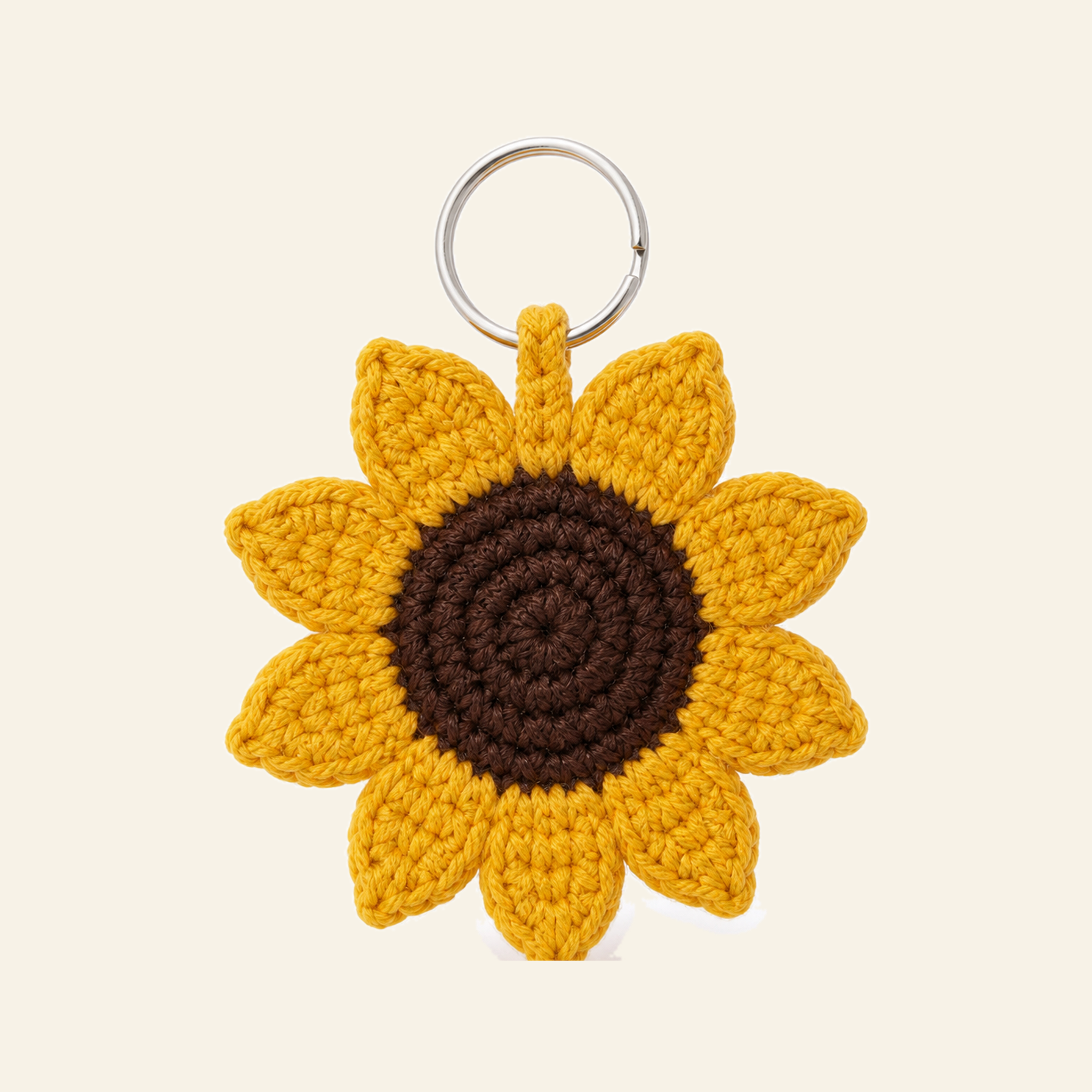 The finished crochet Sunflower keychain on its own