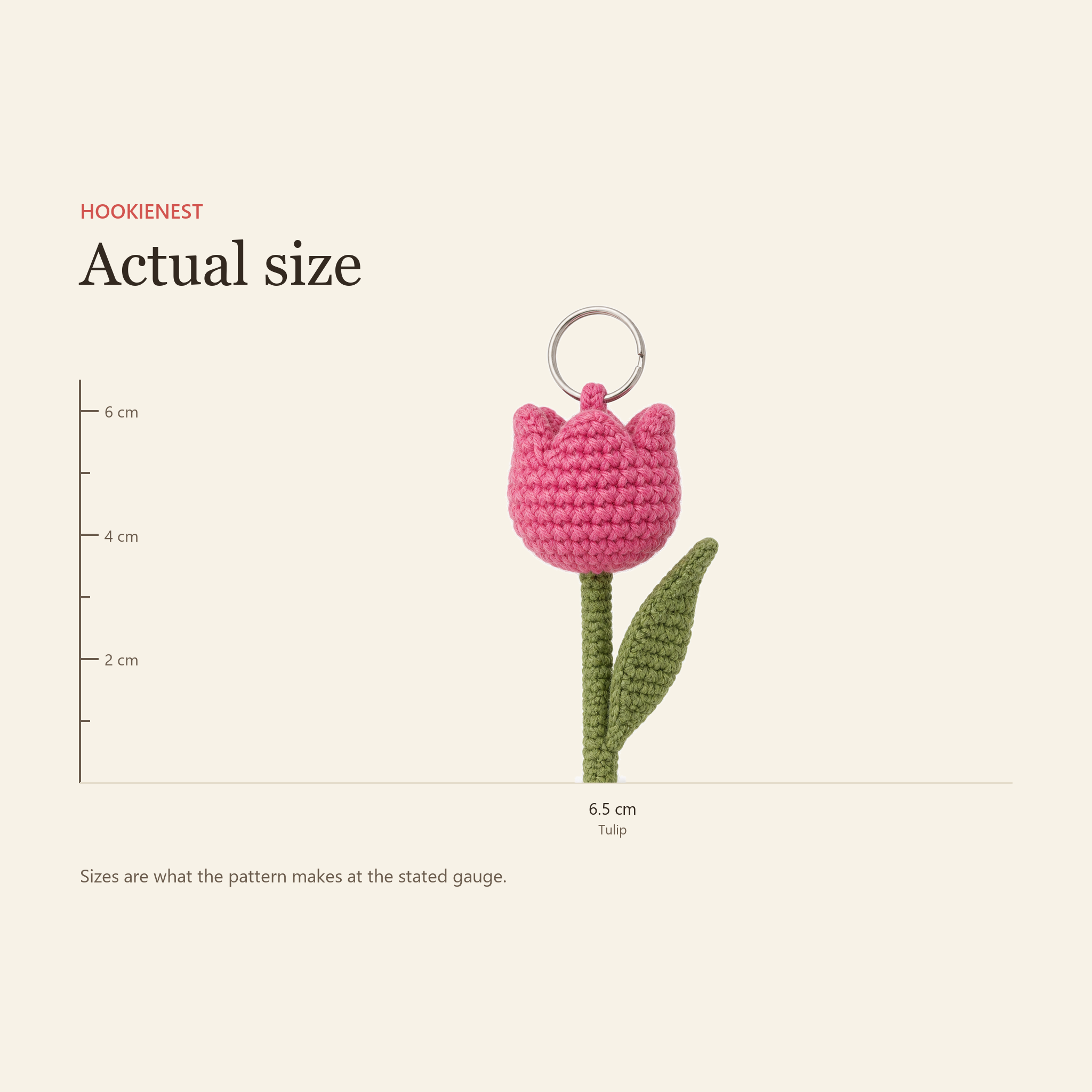 The Tulip keychain beside a centimetre ruler, finishing at 6.5 cm