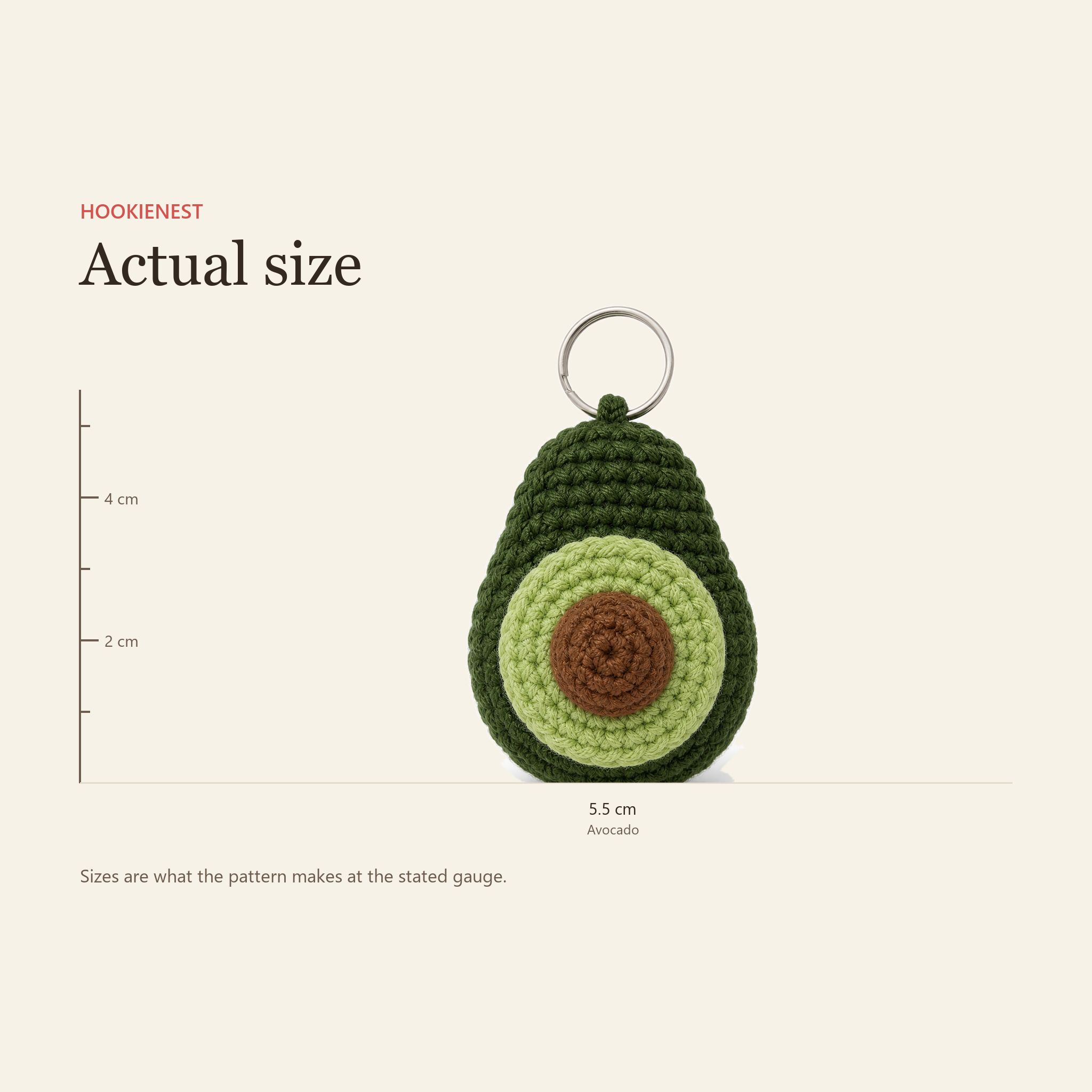 The Avocado charm beside a centimetre ruler, finishing at 5.5 cm