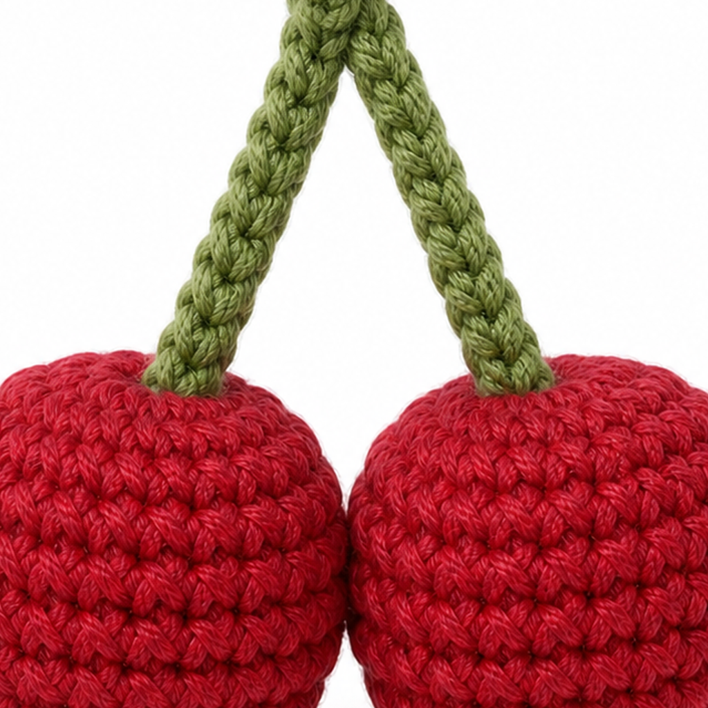 Close-up of the crochet stitches on the Cherry Pair charm