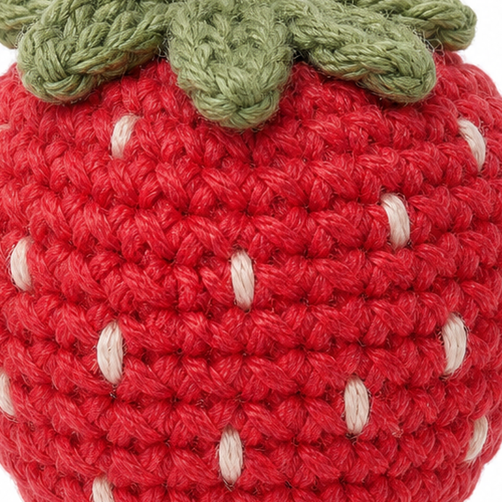 Close-up of the crochet stitches on the Strawberry charm