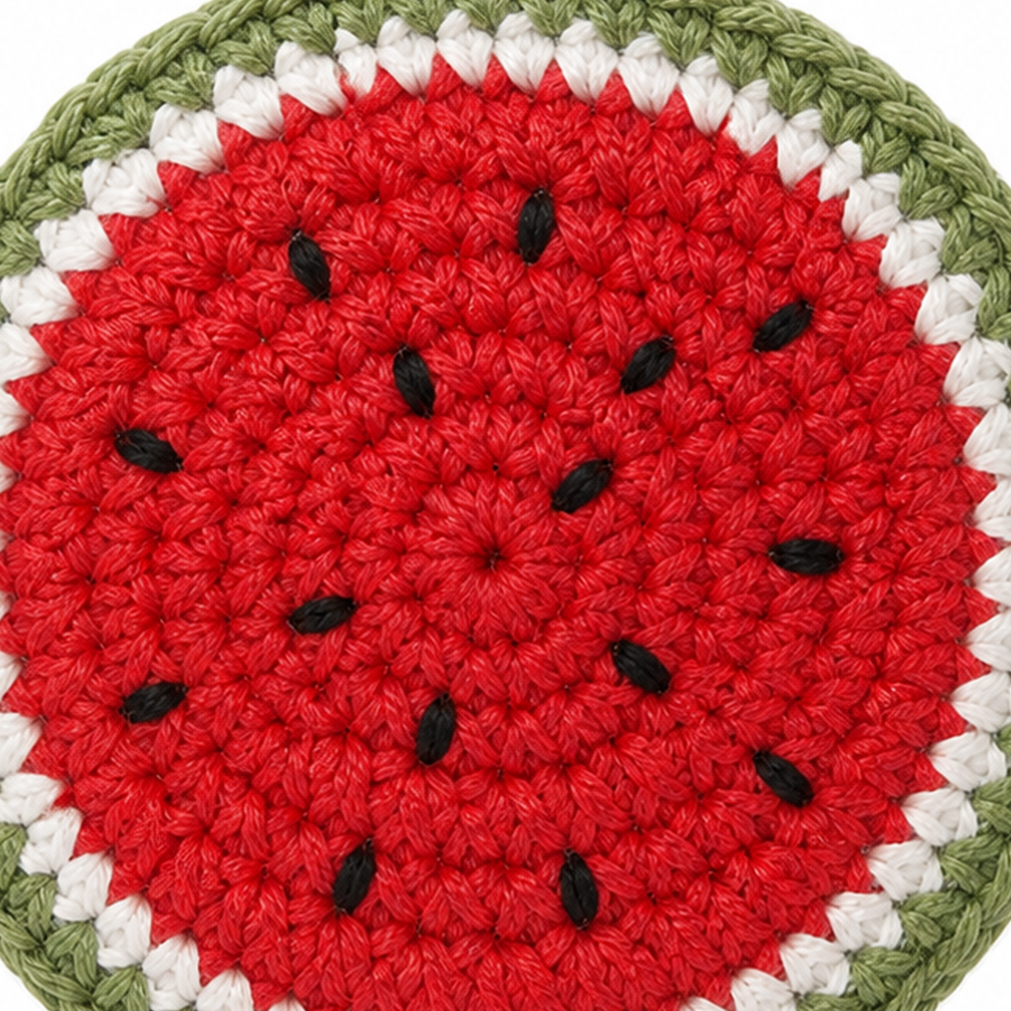 Close-up of the crochet stitches on the Watermelon Slice charm