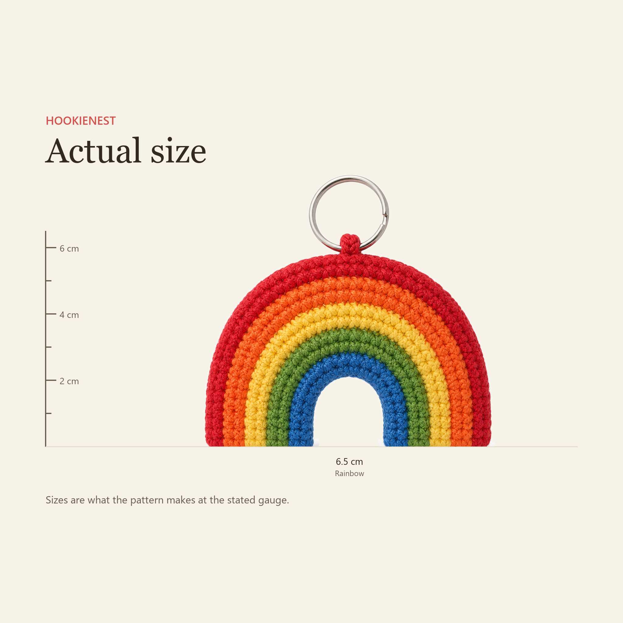 The Rainbow charm beside a centimetre ruler, finishing at 6.5 cm
