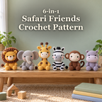 6-in-1 Safari Friends Crochet Pattern: Lion, Elephant, Giraffe, Zebra, Monkey and Hippo on a wooden bench.