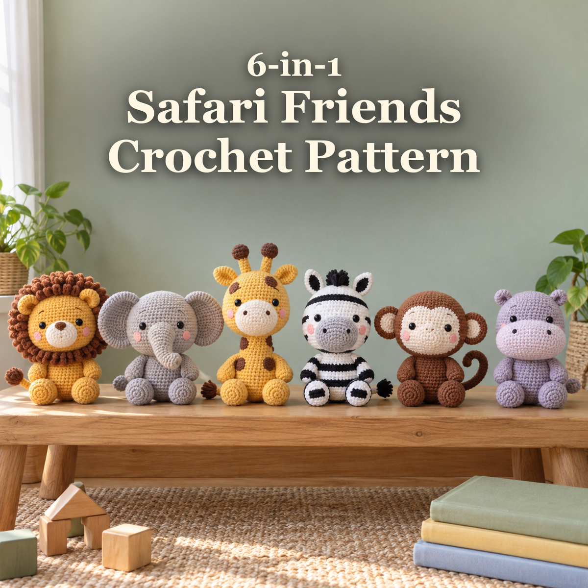 6-in-1 Safari Friends Crochet Pattern: Lion, Elephant, Giraffe, Zebra, Monkey and Hippo on a wooden bench.
