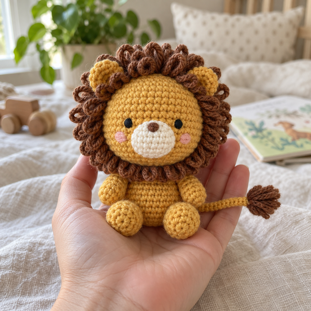An adult hand holding a small golden crochet Lion with a brown loop mane and tufted tail.
