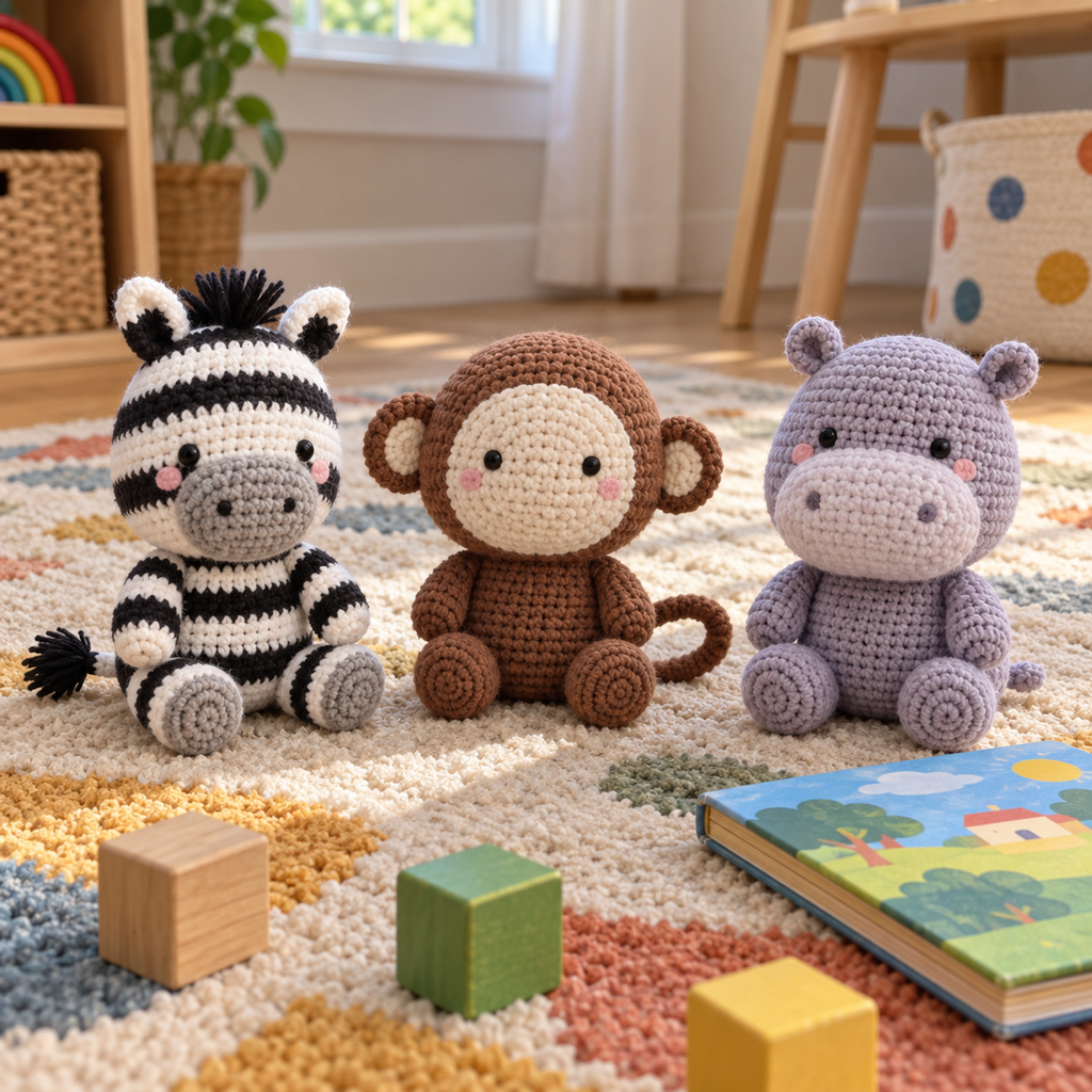Crochet Zebra, Monkey and lilac-grey Hippo sitting on a playroom rug beside wooden blocks and a picture book.