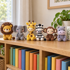 Six small crochet safari animals sitting on a nursery bookshelf among books and a leafy plant.