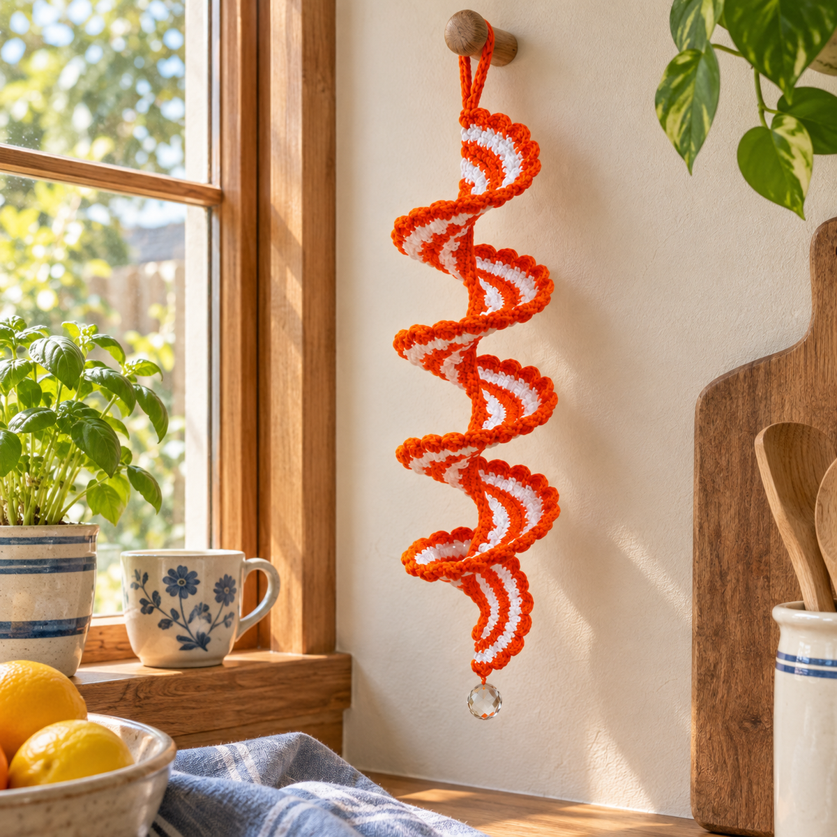 An orange Citrus Scallop ribbon wind spinner with two white stripes, rounded scallops and a clear bead hangs beside a kitchen window above a cup and folded blue towel.