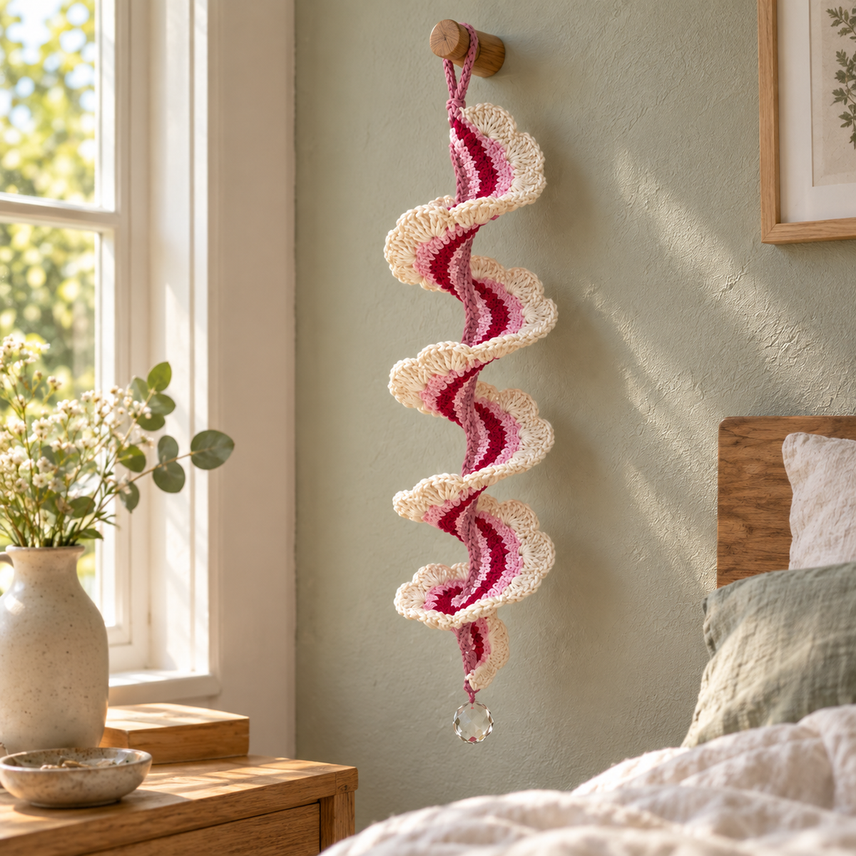 A pink Rose Fan Ruffle ribbon wind spinner with large ivory fans and a clear bead hangs beside a bedroom window above a wooden bedside table.