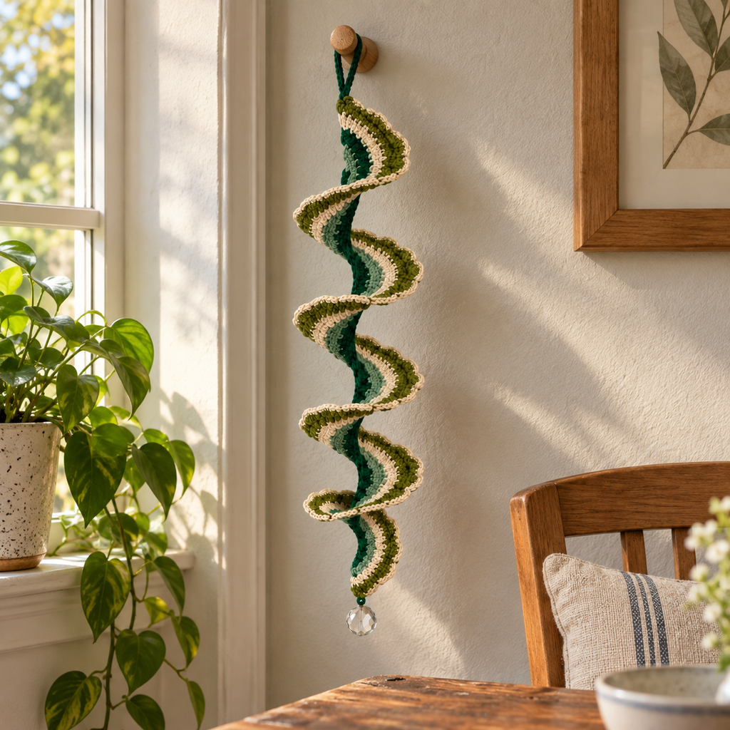 A green Fern Rolling Wave ribbon wind spinner with oatmeal edging and a clear bead hangs beside a sunny window near a wooden chair and houseplant.