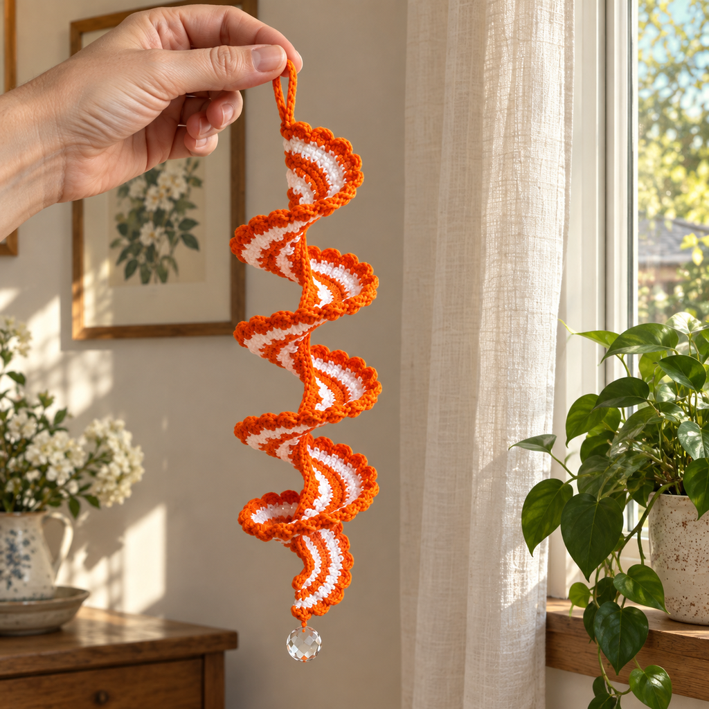 An adult hand holds an orange Citrus Scallop ribbon wind spinner by its crocheted loop, showing two white stripes, rounded scallops and a clear bead beside a window.