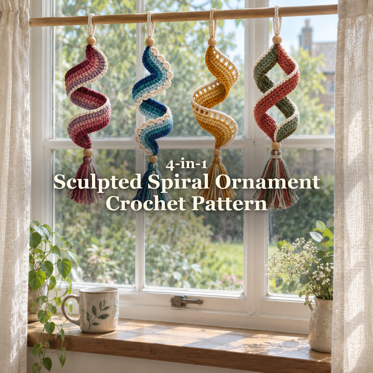 Rose, Ocean, Golden and Woodland crochet spiral ornaments hanging side by side in a sunlit window, with the Sculpted Spiral Ornament Crochet Pattern title across the image.
