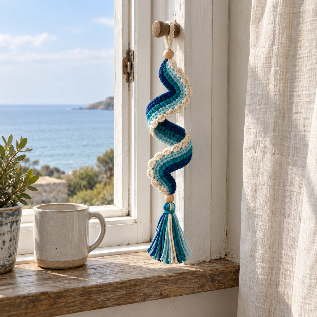 A navy, teal and aqua crochet spiral with cream scallops and a matching tassel hanging in a coastal window overlooking the sea.