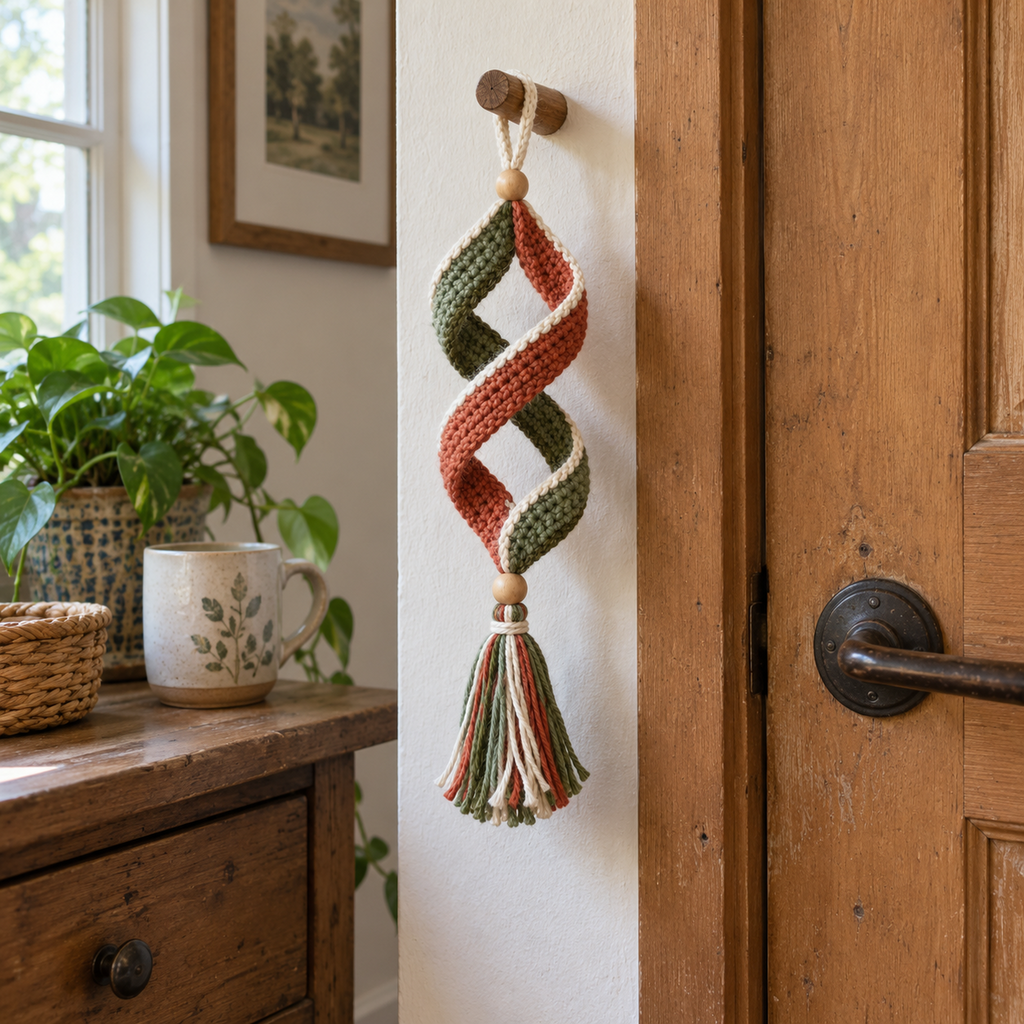 Olive green and terracotta crochet ribbons with cream edges sharing a hanging loop and tassel beside a wooden door.