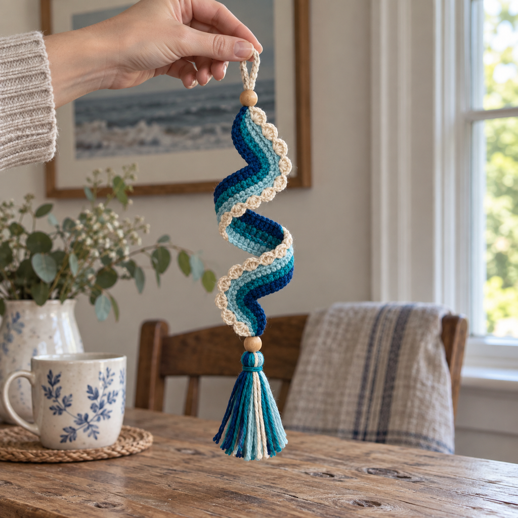 An adult hand holding a navy, teal and aqua crochet spiral ornament by its cream hanging loop in a home by a window.