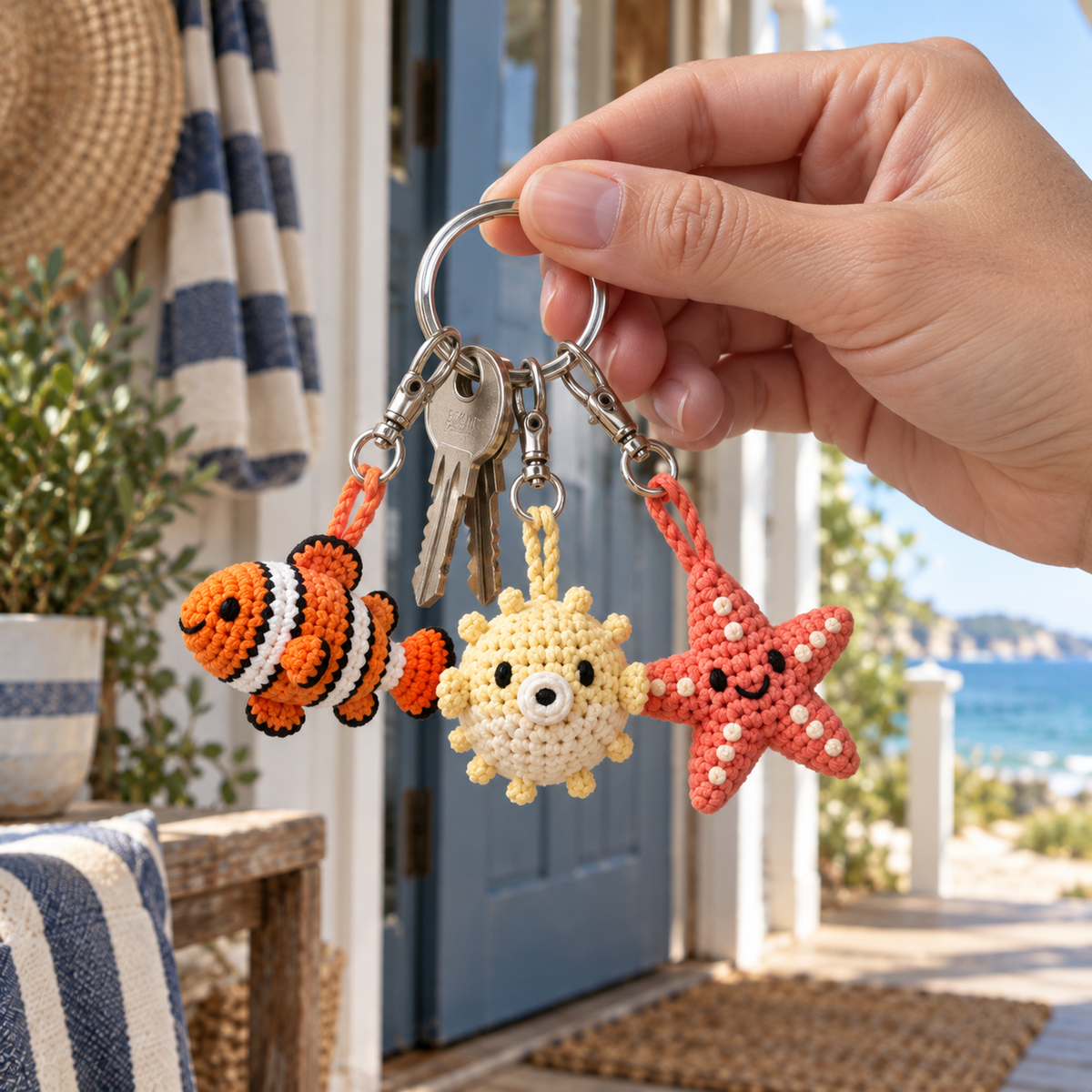 An adult hand holding keys with miniature clownfish, pufferfish and starfish crochet charms.