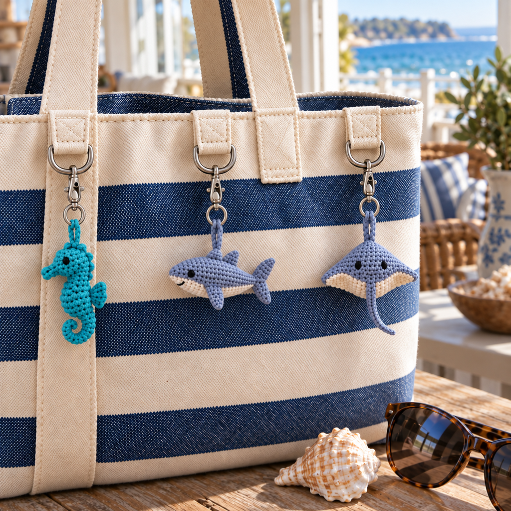 Miniature seahorse, shark and stingray crochet charms hanging from a striped canvas beach tote.