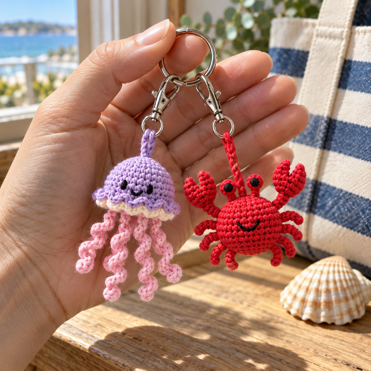 A close view of lilac jellyfish and red crab crochet charms held beside a seashell, showing yarn stitches and embroidered faces.