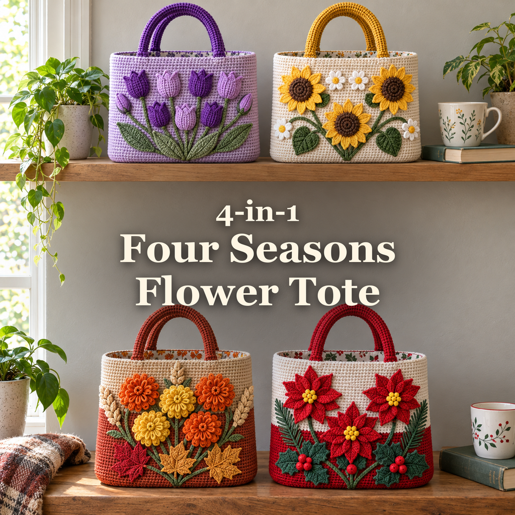 Four seasonal crochet totes with tulips, sunflowers, harvest flowers and poinsettias displayed on a wooden shelf and bench, with the title 4-in-1 Four Seasons Flower Tote.