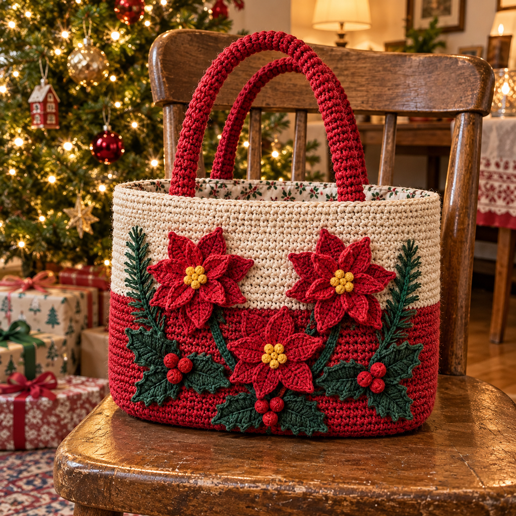 Red-and-cream crochet tote with red poinsettias, holly berries and pine sprigs on a wooden chair beside a Christmas tree and gifts.