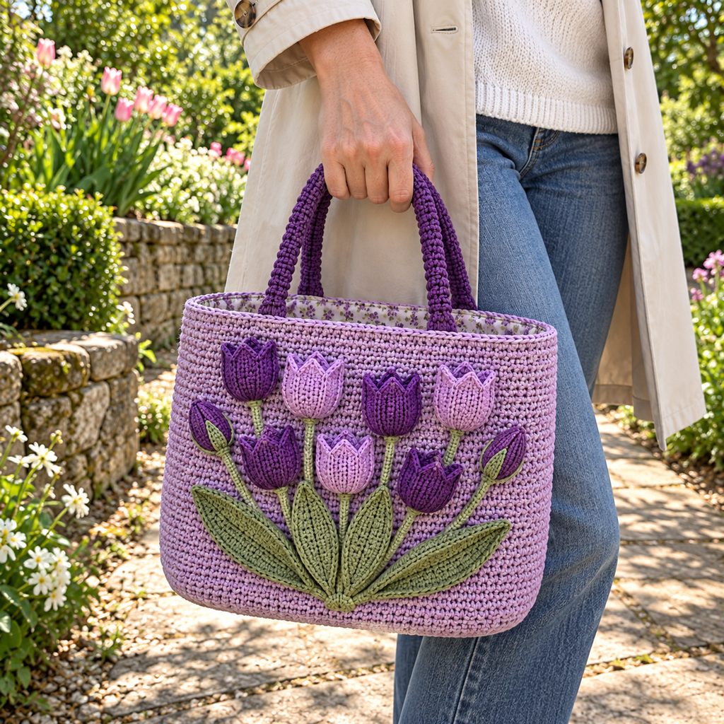 Woman carrying a lilac crochet tote with purple and violet upright tulips and sage leaves on a sunny garden path.