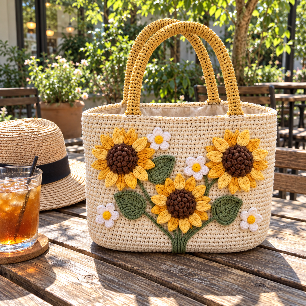 Cream crochet tote with mustard handles, yellow sunflowers and white daisies on a cafe bench beside a straw hat and iced drink.